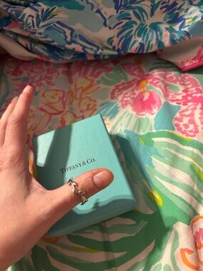 Tiffany & Co. light blue box with silver olive leaf ring
